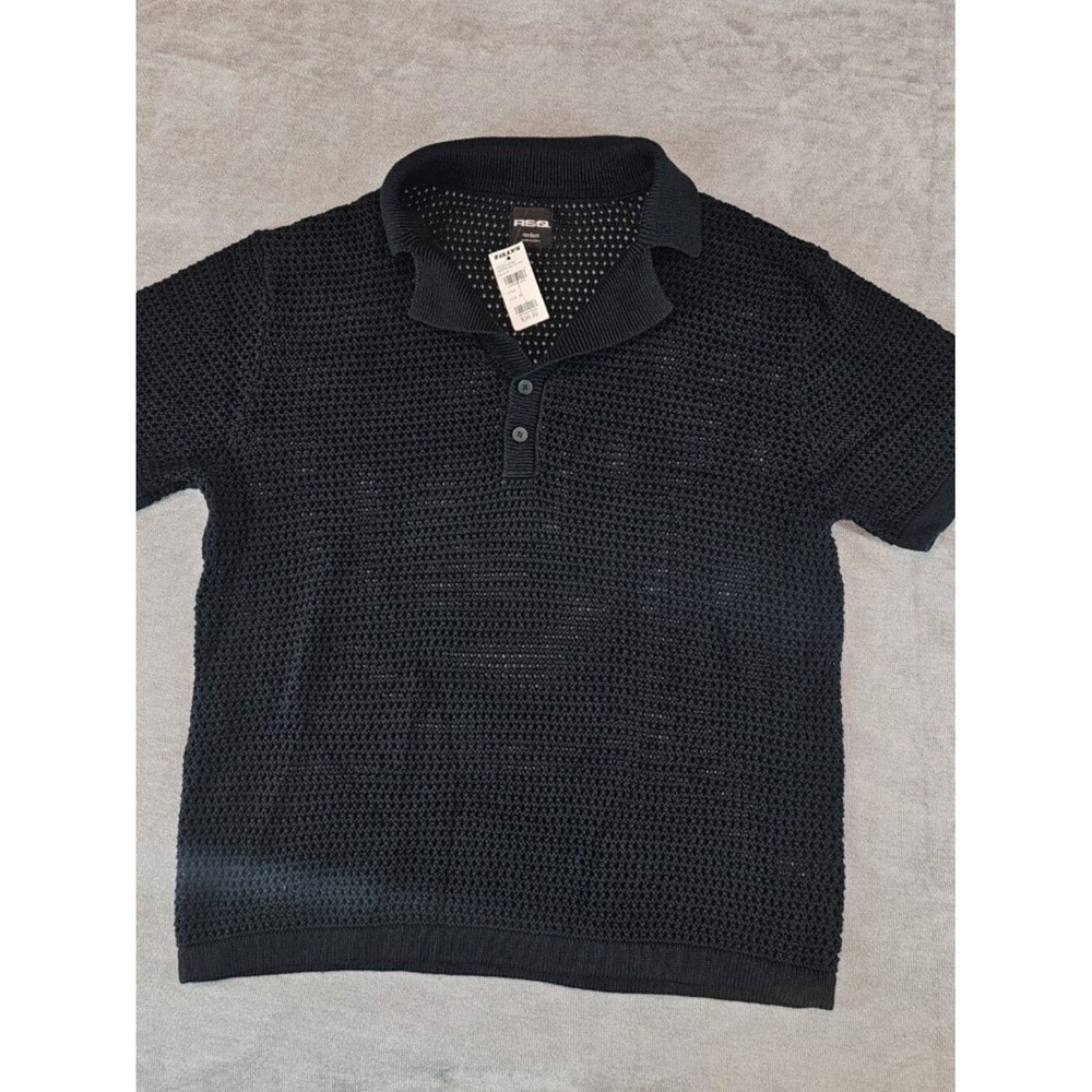 RSQ Mens Sweater Polo Shirt Short Sleeve Black Knit Cotton Medium Net top